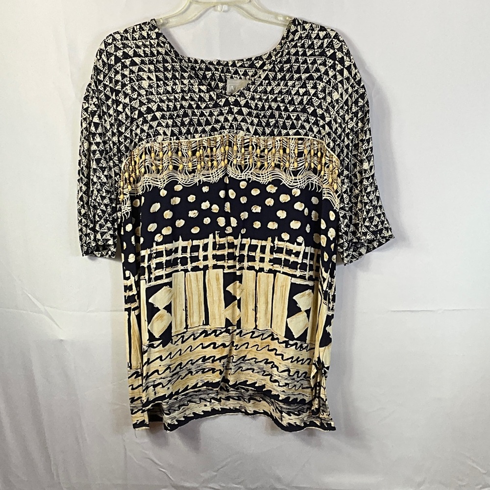 Vintage A.C. Sport Boho Top short sleeve with wooden fringe Size 16W